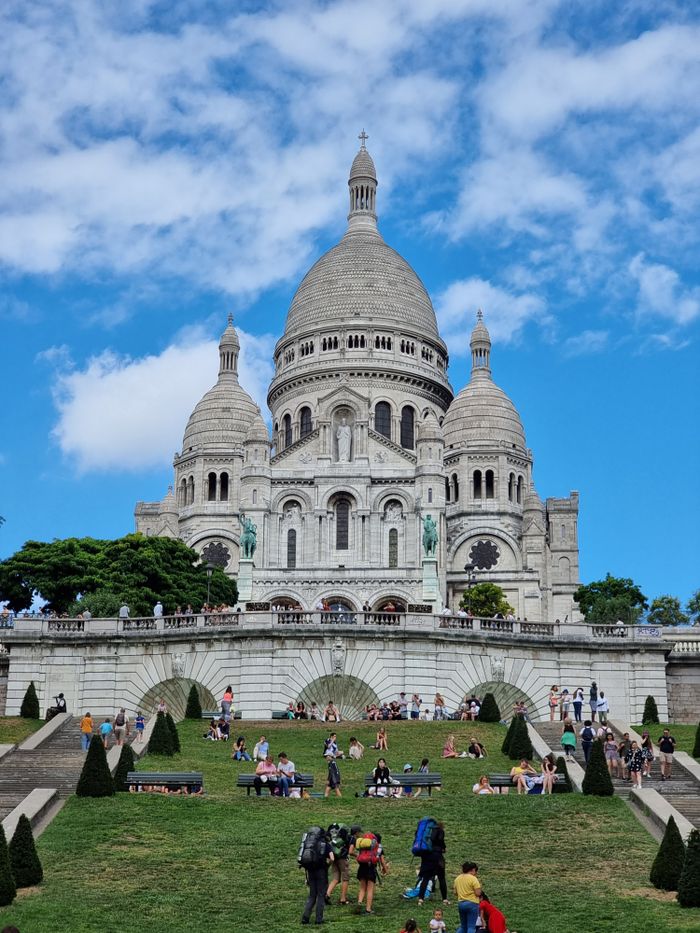 Basilica of the Sacred Heart in Paris on a sunny day, with visitors enjoying the outdoors.